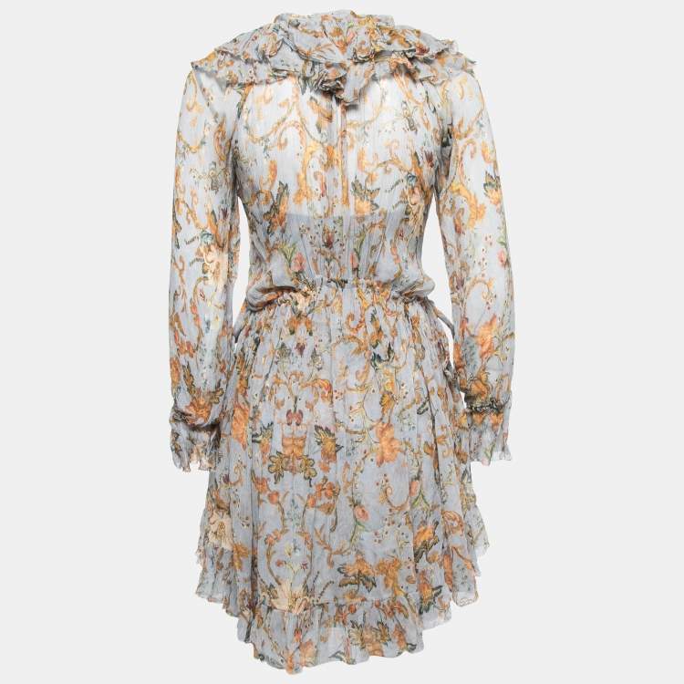 Pre Owned Zimmermann Blue Floral Printed Crinkled Chiffon Ruffled Drawstring Dress S