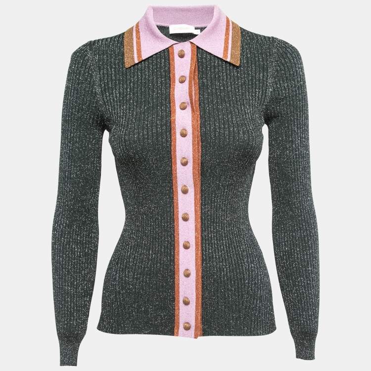 Pre Owned Zimmermann Green Ribbed Lurex Knit Long Sleeve Collared Top S