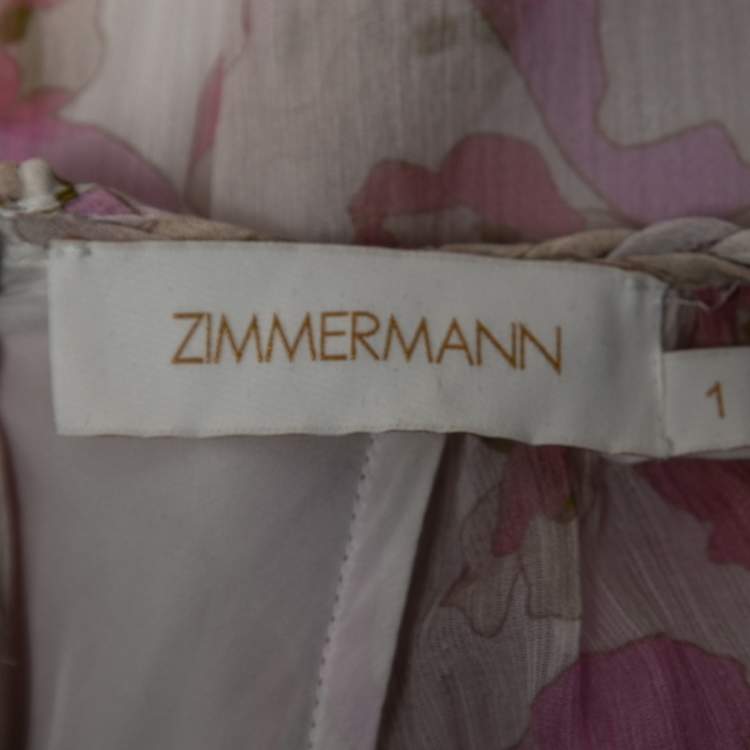 Pre Owned Zimmermann Pink Floral Printed Silk Chiffon Braid Detailed Long Sleeve Gown M
