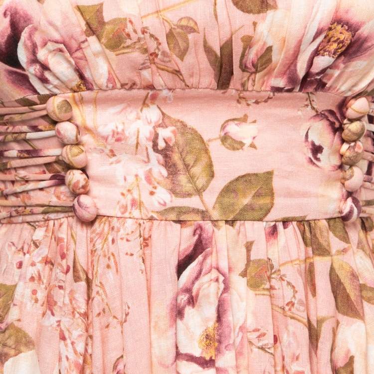 Pre Owned Zimmermann Pink Floral Print Linen Strappy Midi Dress S