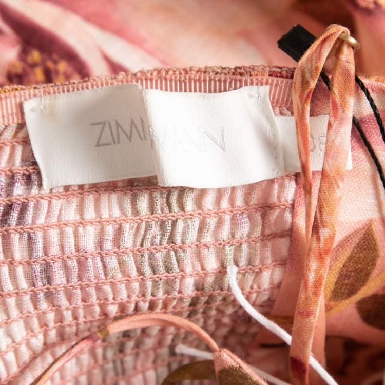 Pre Owned Zimmermann Pink Floral Print Linen Strappy Midi Dress S