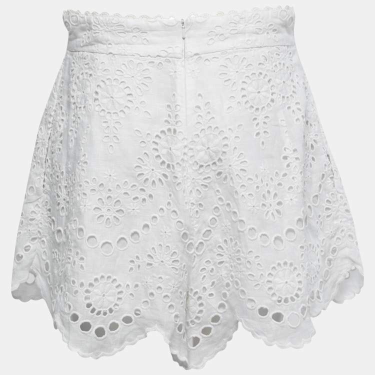 Pre Owned Zimmermann White Embroidered Eyelet Linen Pleated Shorts L