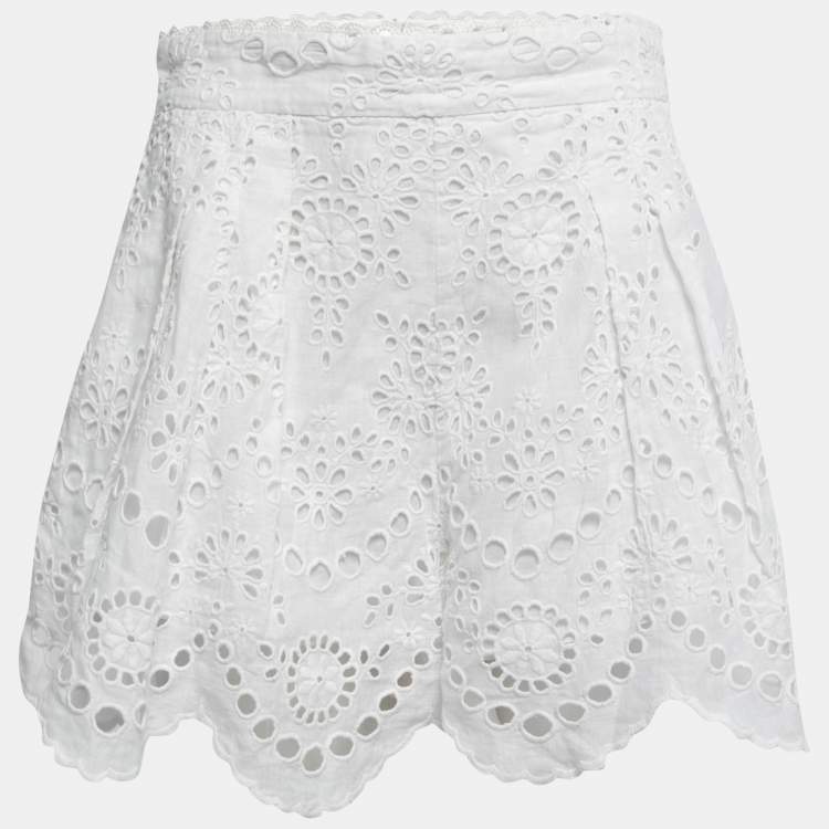 Pre Owned Zimmermann White Embroidered Eyelet Linen Pleated Shorts L