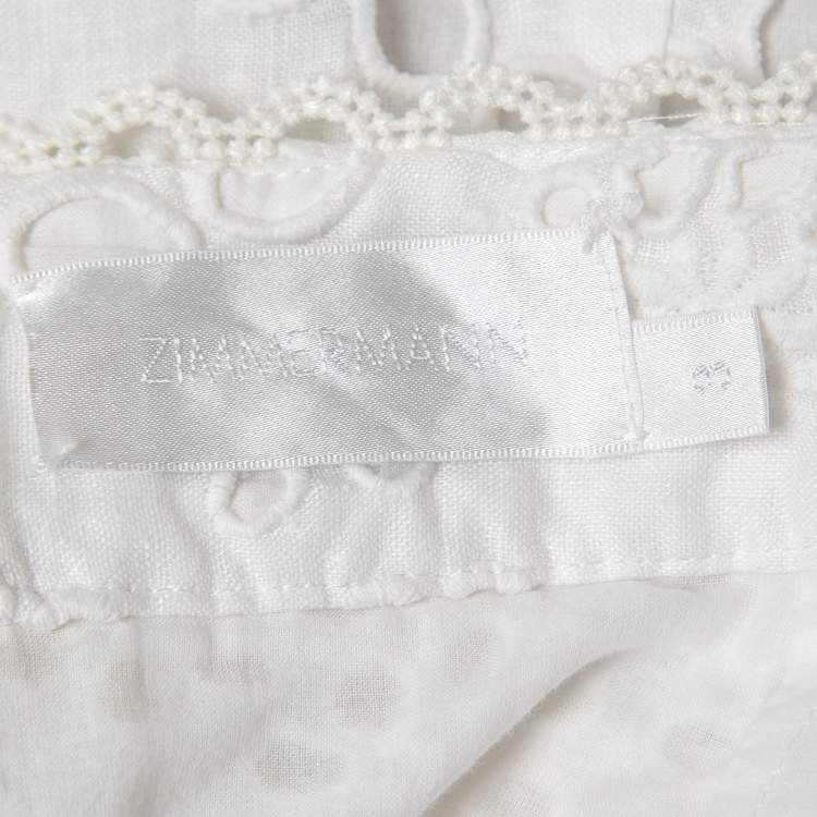 Pre Owned Zimmermann White Embroidered Eyelet Linen Pleated Shorts L