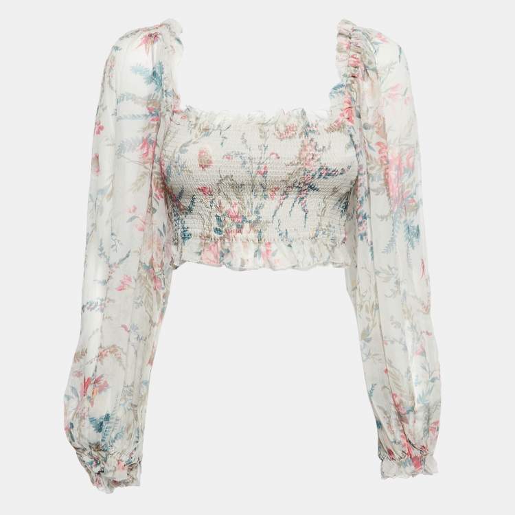 Pre Owned Zimmermann Multicolor Printed Silk Chiffon Shirred Long Sleeve Crop Top M