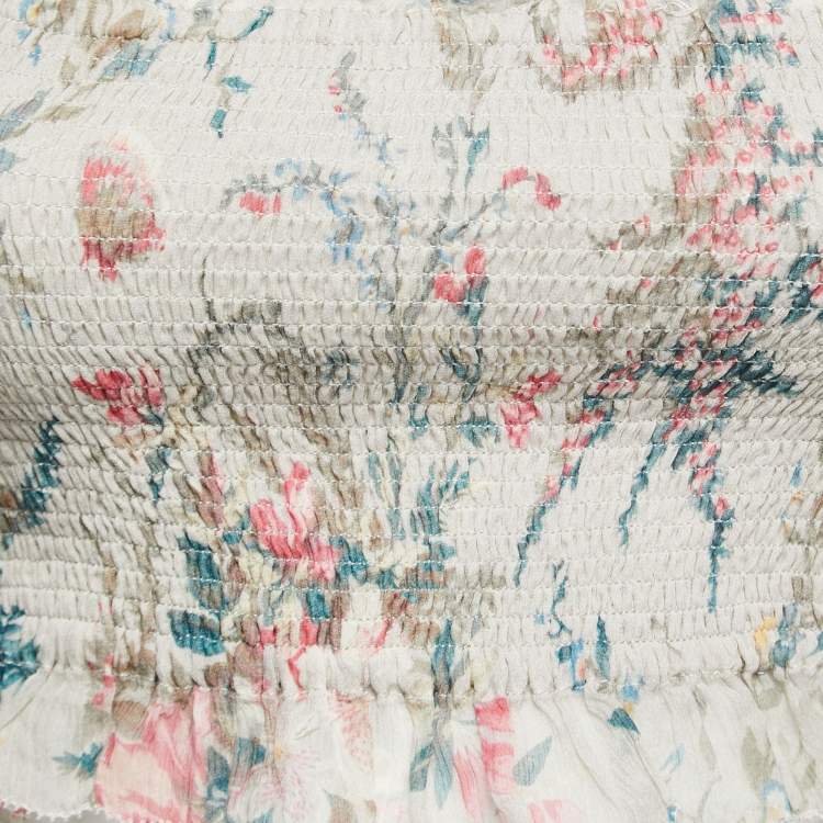 Pre Owned Zimmermann Multicolor Printed Silk Chiffon Shirred Long Sleeve Crop Top M