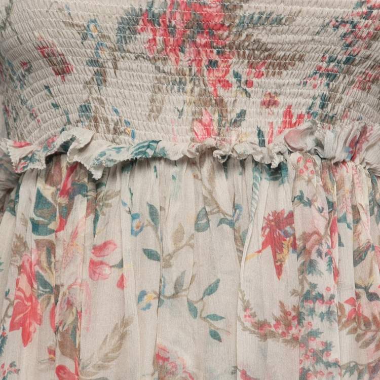Pre Owned Zimmermann Multicolor Printed Silk Chiffon Shirred Long Sleeve Maxi Dress S
