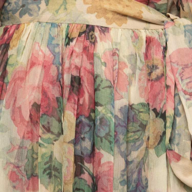 Pre Owned Zimmermann Multicolor Printed Silk Chiffon Gathered Wrap on Maxi Dress M
