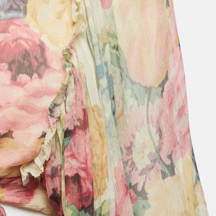 Pre Owned Zimmermann Multicolor Printed Silk Chiffon Ruffled Wrap On Crop Top M