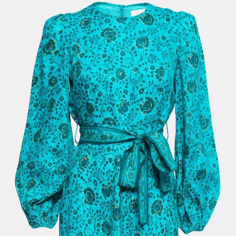 Pre Owned Zimmermann Green Printed Linen Belted Lulu Maxi Dress M