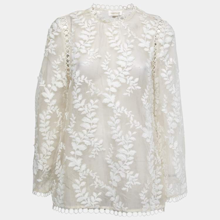 Pre Owned Zimmermann White Embroidered Silk Oversized Top S