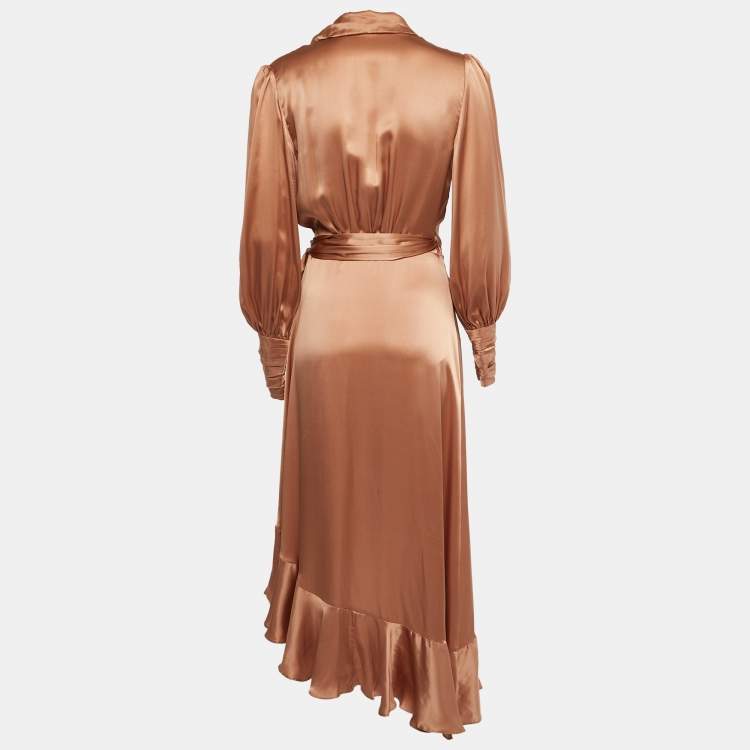 Pre Owned Zimmermann Dusty Pink Silk Satin Wrap On Midi Dress M