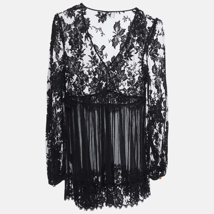 مملوكة مسبقًا Zimmermann Black Silk Chiffon Lace Trimmed  Long Sleeve A-Line Blouse S