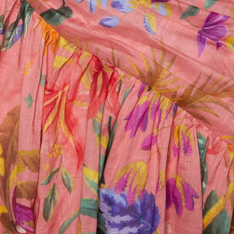 Pre Owned Zimmermann Pink Tropical Printed Cotton One Shoulder Maxi Dress XS