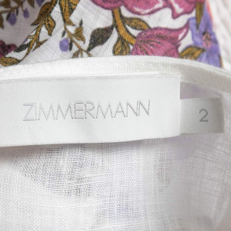 Pre Owned Zimmermann White Floral Print Linen Button Front Midi Dress M