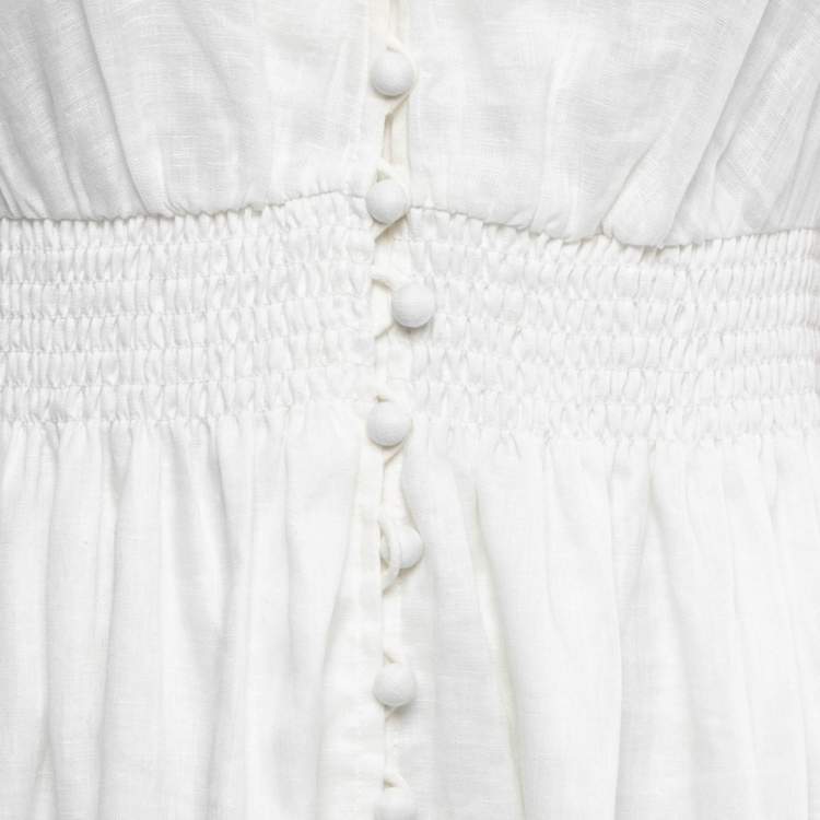 Pre Owned Zimmermann White Floral Print Linen Button Front Midi Dress M