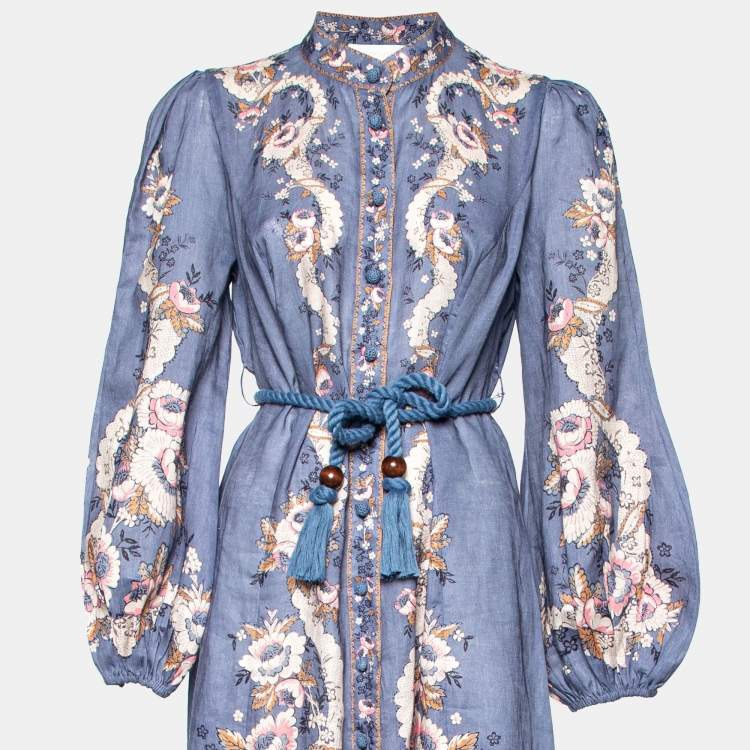 Pre Owned Zimmermann Blue Floral Printed Linen Vitali Belted Maxi Dress M