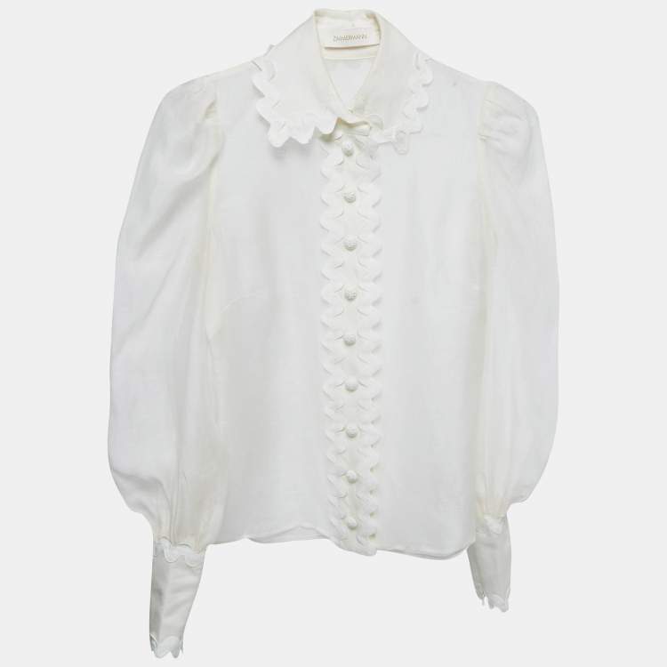 Pre Owned Zimmermann White Linen Blend Lace Trimmed Shirt S