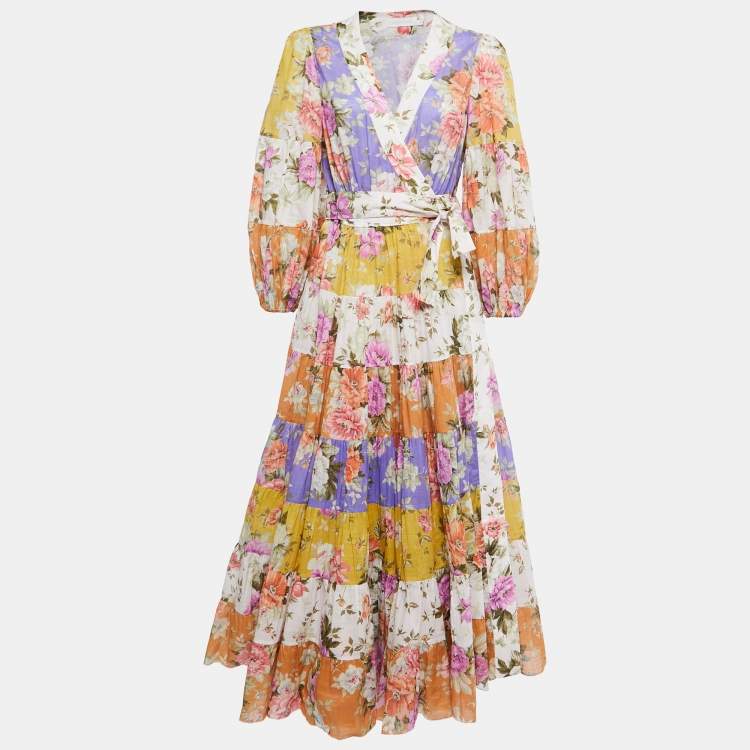 مملوكة مسبقًا Zimmermann Multicolor Floral Printed Cotton Wrap Midi Dress L