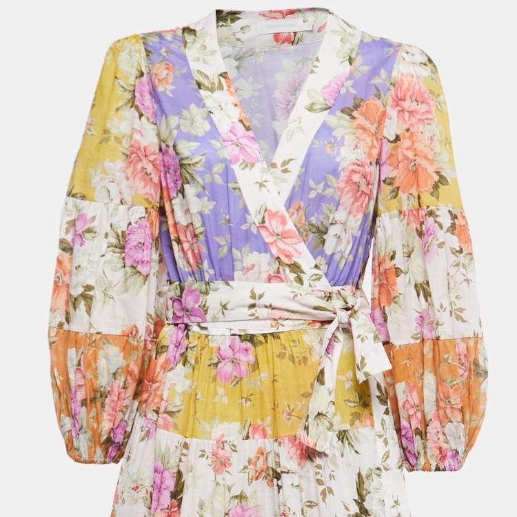 مملوكة مسبقًا Zimmermann Multicolor Floral Printed Cotton Wrap Midi Dress L