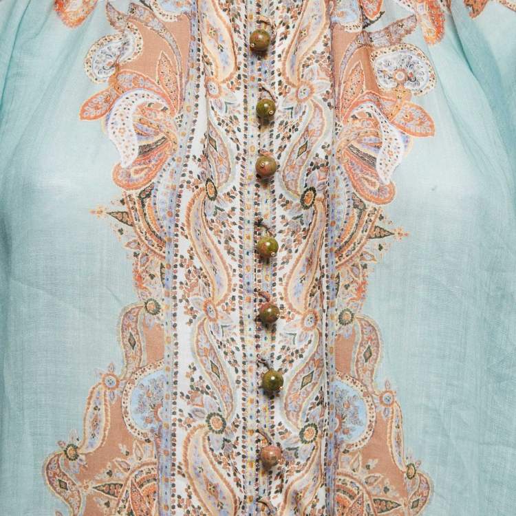 Pre Owned Zimmermann Blue Paisley Print Ramie Button Front Blouse S