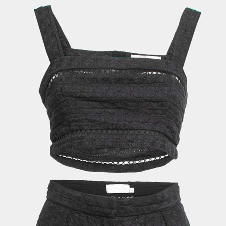 Pre Owned Zimmermann Black Floral Cutout Lace Crop Top Pants Set M