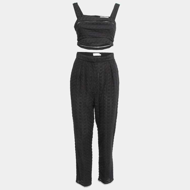 Pre Owned Zimmermann Black Floral Cutout Lace Crop Top Pants Set M