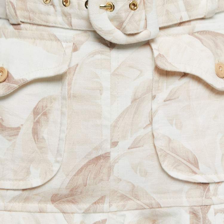Pre Owned Zimmermann Beige Leaf Printed Linen Flared Mini Skirt S