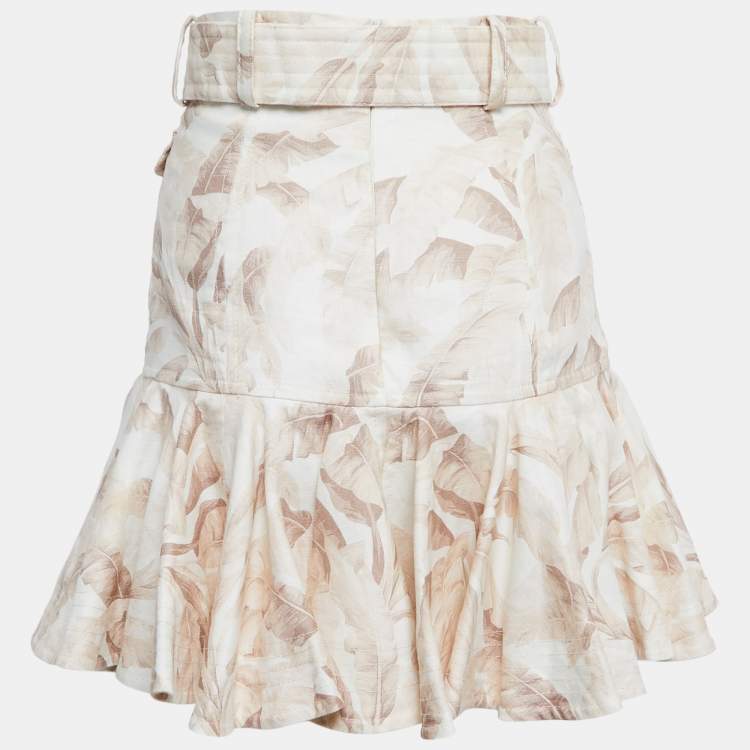 Pre Owned Zimmermann Beige Leaf Printed Linen Flared Mini Skirt S