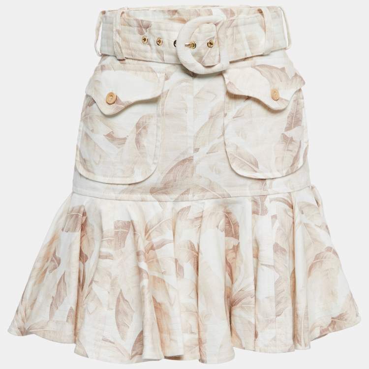Pre Owned Zimmermann Beige Leaf Printed Linen Flared Mini Skirt S