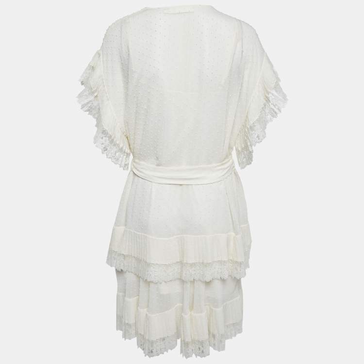 Pre Owned Zimmermann White Dotted Chiffon Belted Mini Dress L