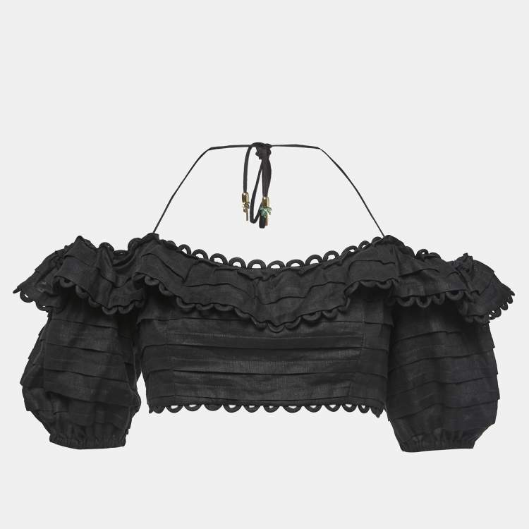 Pre Owned Zimmermann Black Linen Off-Shoulder Cropped Top M 