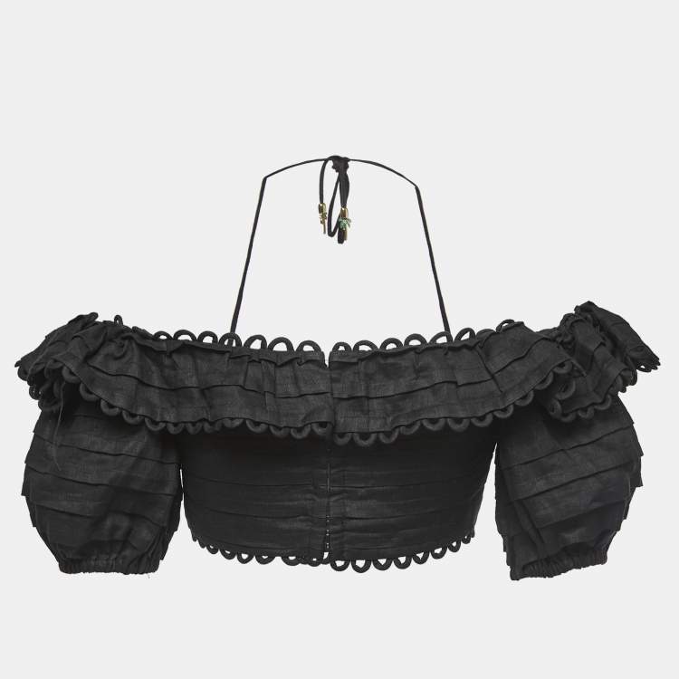 Pre Owned Zimmermann Black Linen Off-Shoulder Cropped Top M 