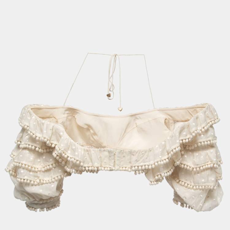 Pre Owned Zimmermann Cream Cotton & Silk Ruffled Crop Top L