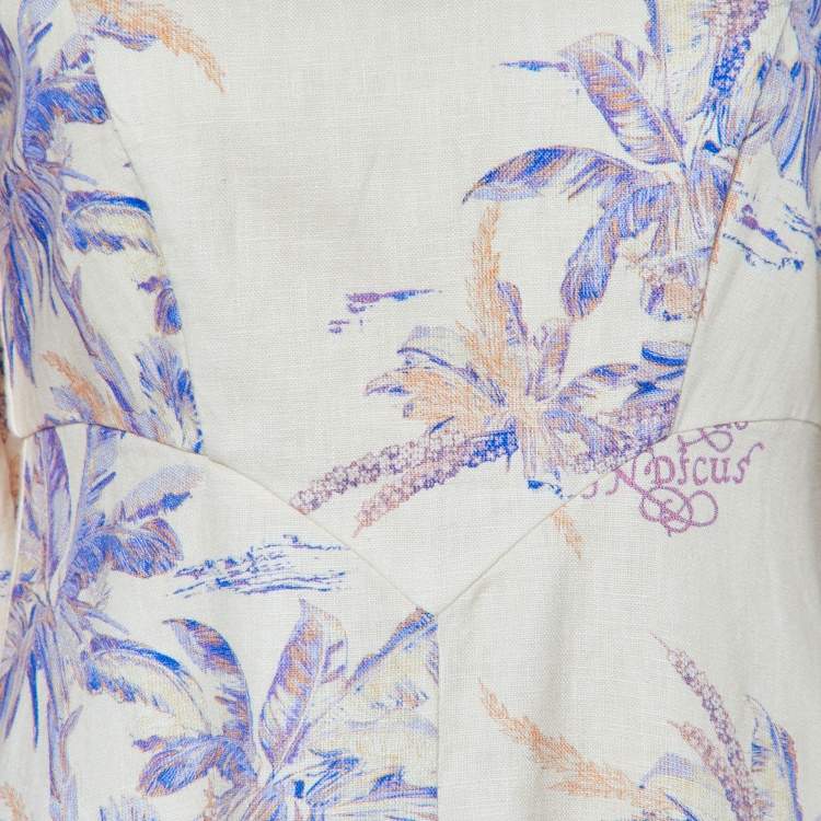 Pre Owned Zimmermann Cream Floral Printed Linen Puff Sleeve Midi Dress XS