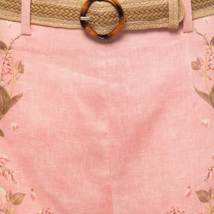 Pre Owned Zimmermann Pink Floral Printed Linen Belted Shorts M