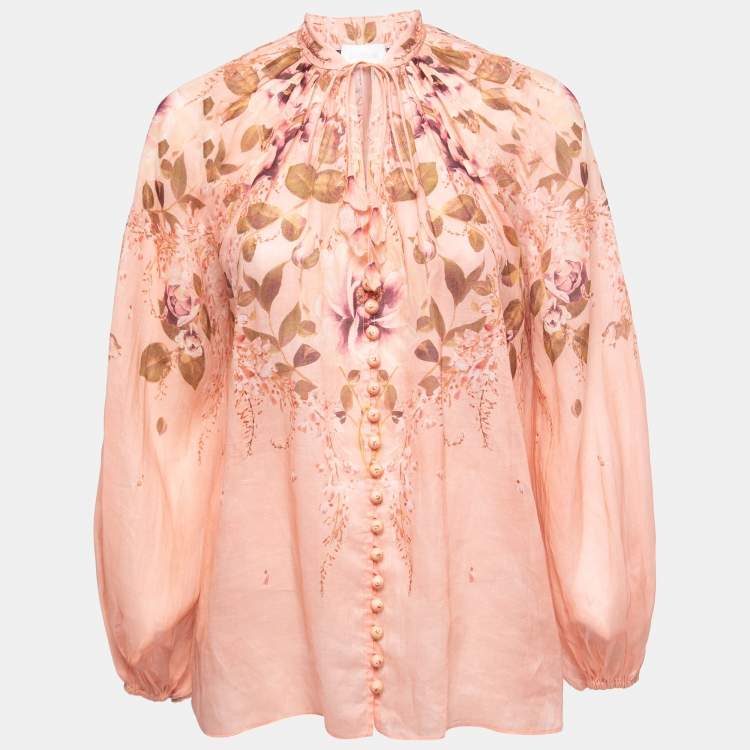 Pre Owned Zimmermann Pink Floral Printed Ramie Blouse S
