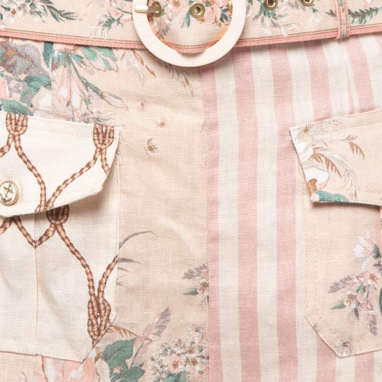 Pre Owned Zimmermann Light Pink Mixed Print Linen Belted Shorts M