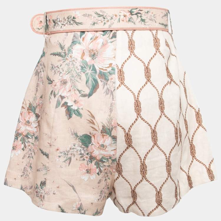 Pre Owned Zimmermann Light Pink Mixed Print Linen Belted Shorts M