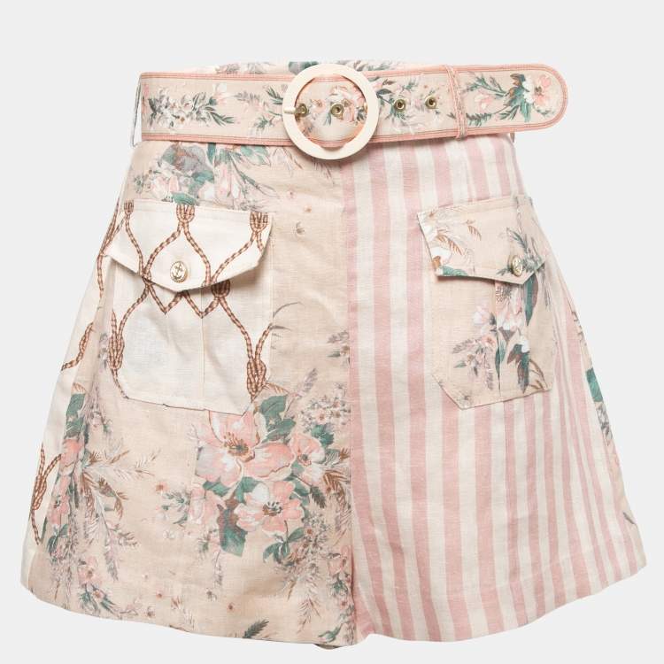 Pre Owned Zimmermann Light Pink Mixed Print Linen Belted Shorts M