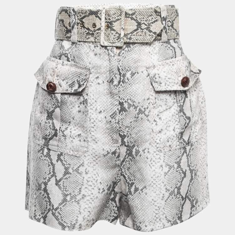 Pre Owned Zimmermann Grey/White Snake Printed Linen Belted High Waist Shorts M