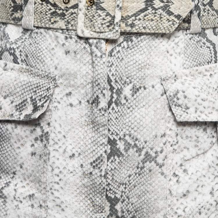 Pre Owned Zimmermann Grey/White Snake Printed Linen Belted High Waist Shorts M