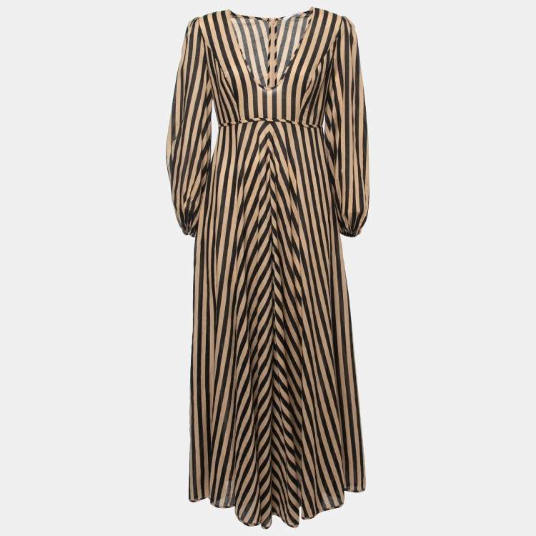 مملوكة مسبقًا Zimmermann Brown/Black Striped Cotton Plunge Neck Maxi Dress M