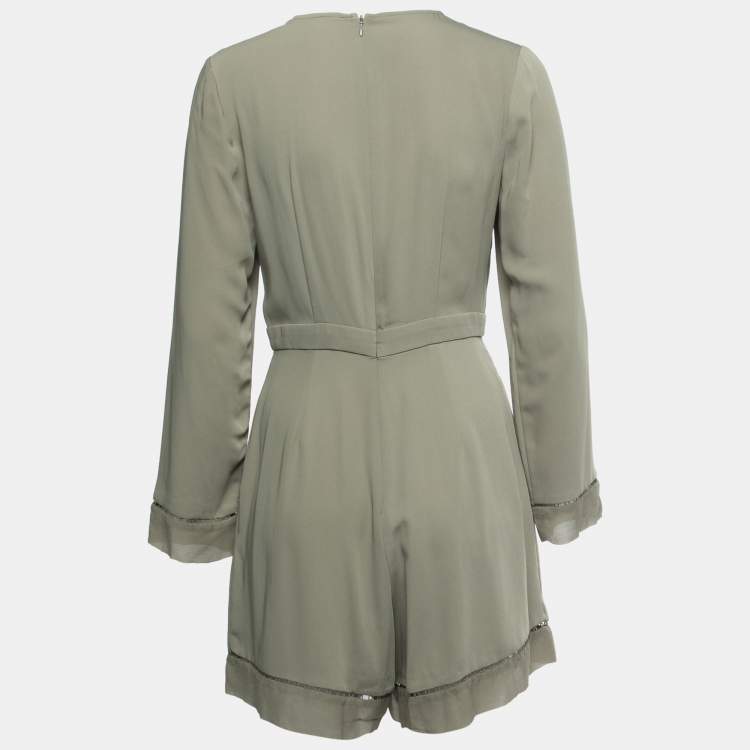 Pre Owned Zimmermann Olive Green Crepe Chiffon Trimmed Long Sleeve Playsuit M