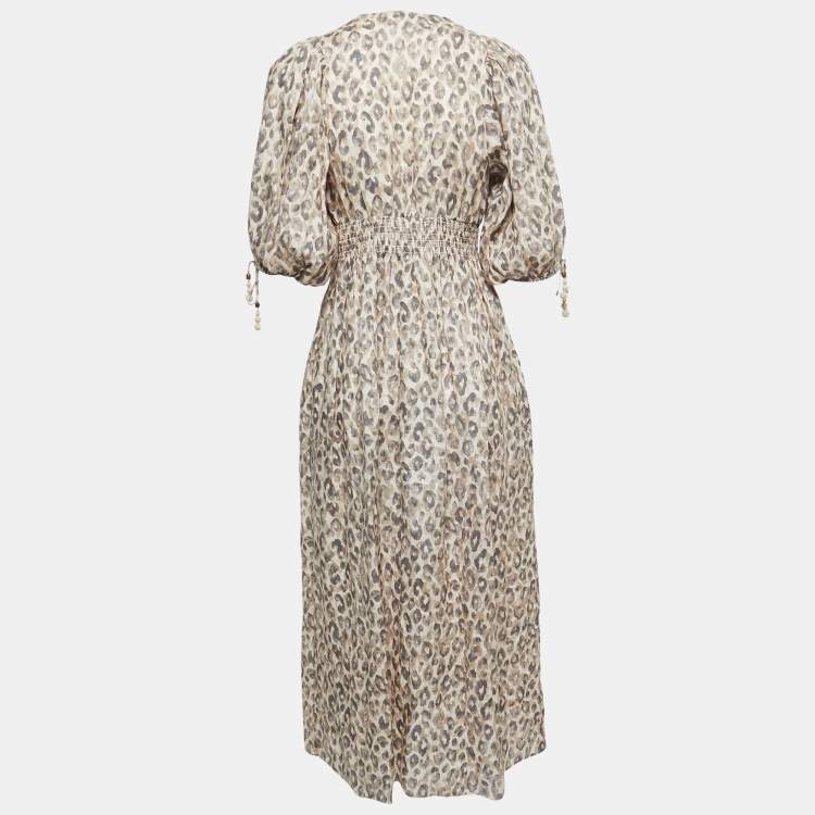 Pre Owned Zimmermann Beige Print Linen Button Front Midi Dress S