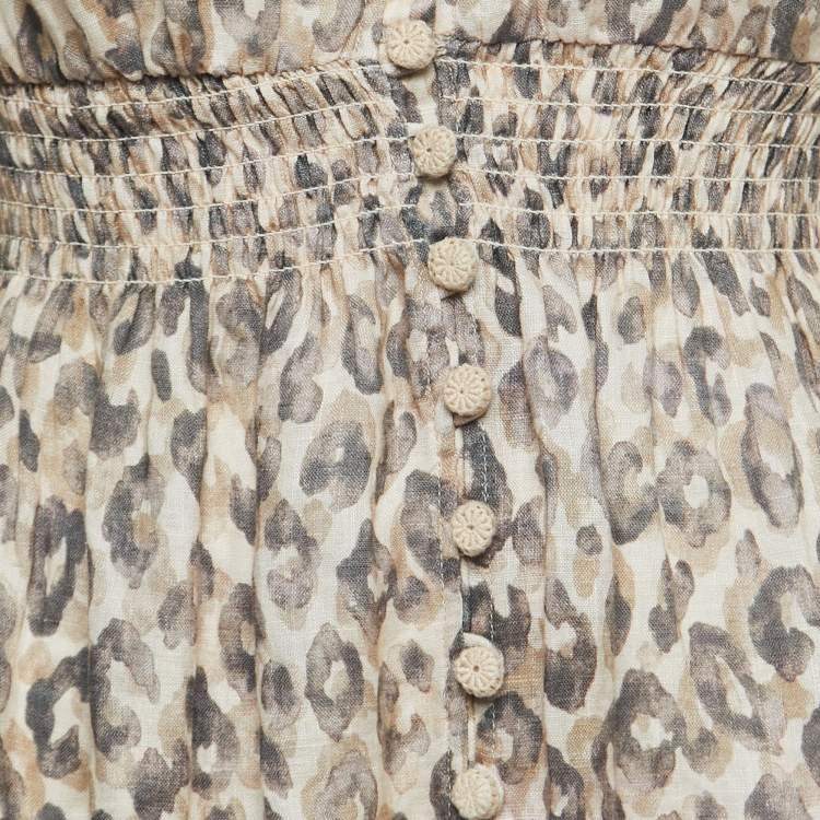 Pre Owned Zimmermann Beige Print Linen Button Front Midi Dress S