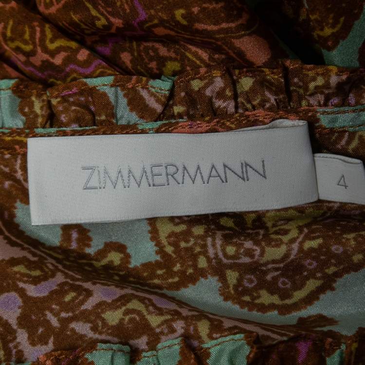 Pre Owned Zimmermann Brown All-Over Print Silk Sleeveless Ruffled Mini Dress L