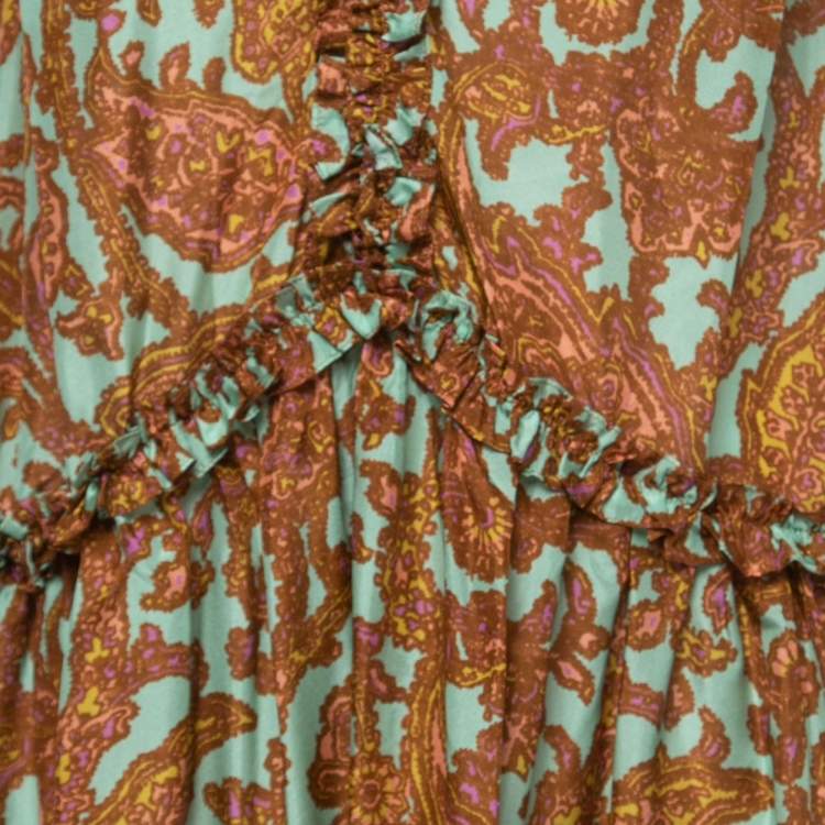 Pre Owned Zimmermann Brown All-Over Print Silk Sleeveless Ruffled Mini Dress L