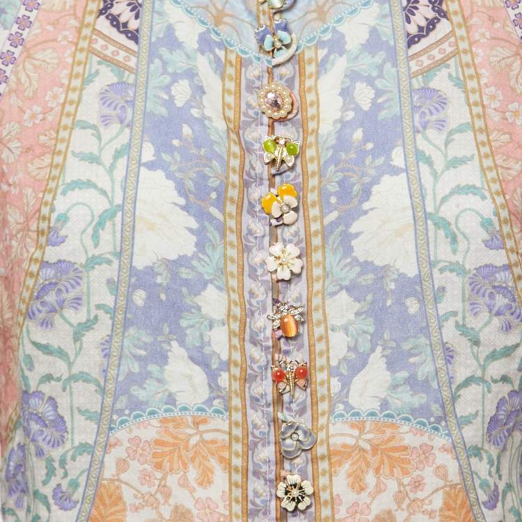 Pre Owned Zimmermann Multicolor Print Ramie Embellished Buttons Long Sleeve Blouse S