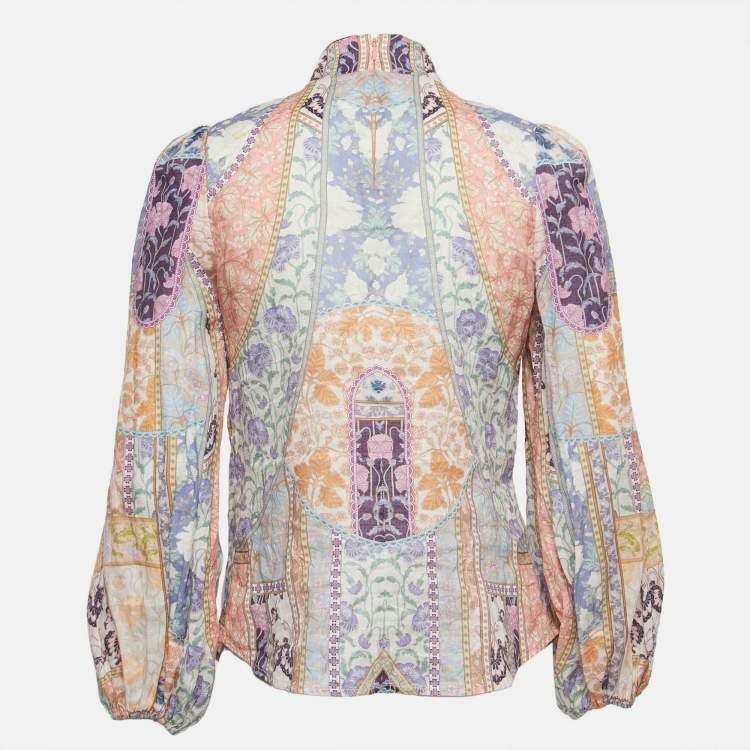 Pre Owned Zimmermann Multicolor Print Ramie Embellished Buttons Long Sleeve Blouse S
